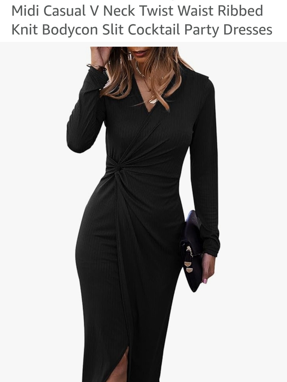 V-Neck Twist Waist Ribbed Midi Dress - Black Small